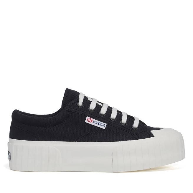 Plataforma Listrada Superga 2631 Preto E Branco Avorio